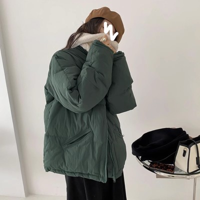 包邮！0296#斜拉链口袋翻领保暖厚实女冬款羽绒服 领子可拆0.93KG