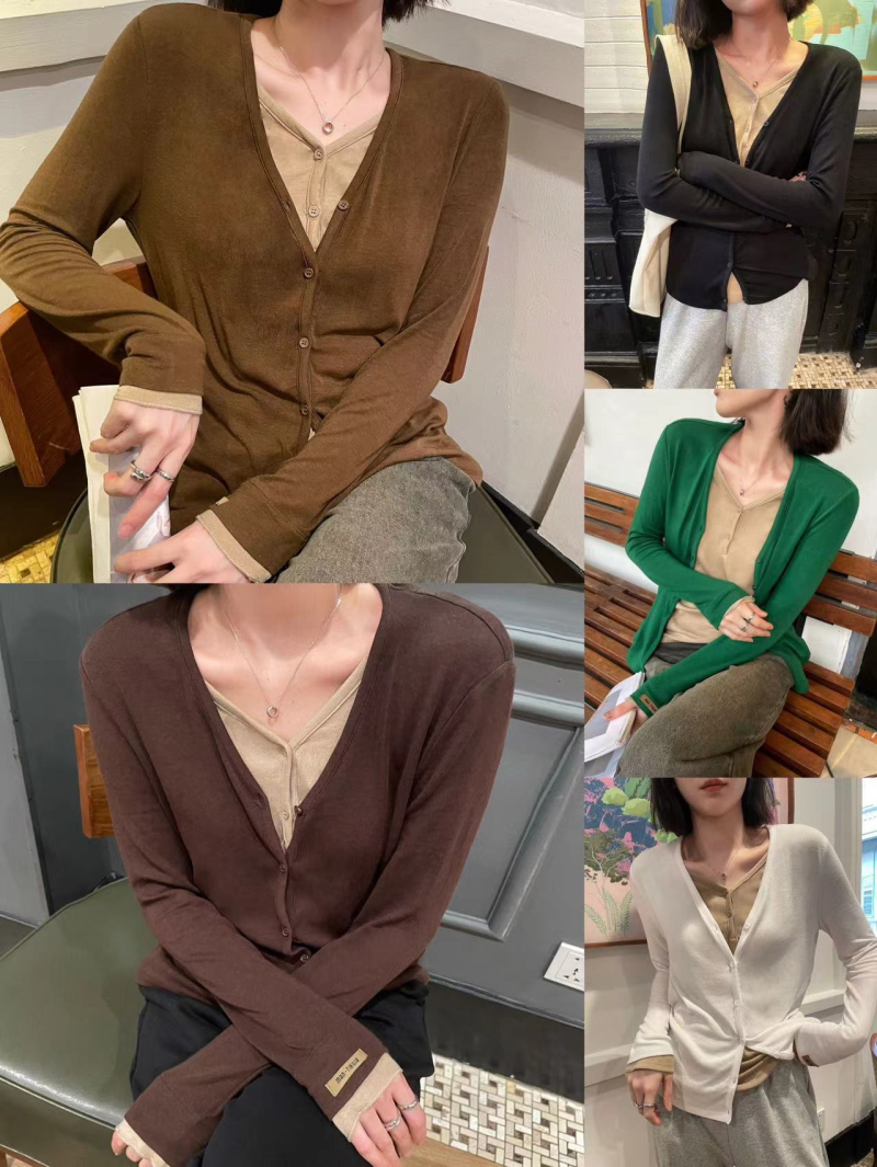 拼色V领假两件弹力长袖纽扣T恤