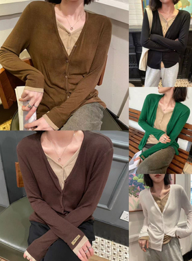 3879#L&J 超弹！超软！拼色V领假两件拼接弹力长袖打底衫  0.23KG