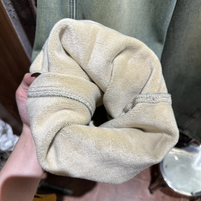 57272#复古做旧厚实加绒高腰复合拖地牛仔裤阔腿裤 0.97KG