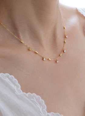 简约百搭经典星河坠钛钢镀金 石爪钻项链小方块锁骨链