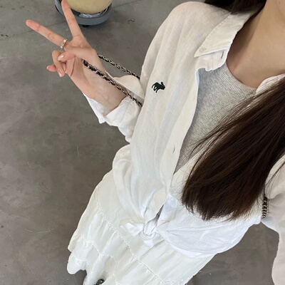 oversize~AF同款纯棉刺绣宽松纽扣POLO领纯色长袖情侣衬衫