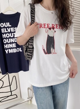 慵懒风~纯棉萌宠甜酷狗狗字母印花宽松圆领短袖T恤白色叠穿上衣