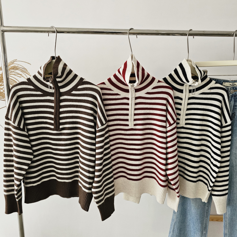 高品质~条纹撞色拉链半开领宽松高领含羊毛兔毛衣外套叠穿上衣