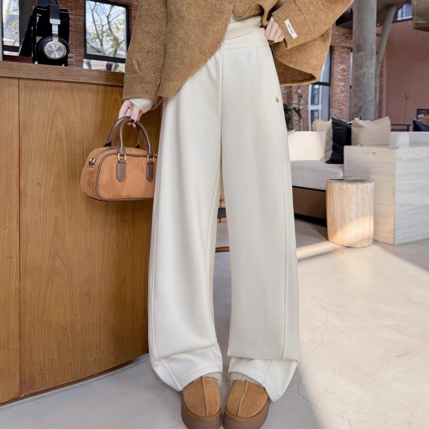 百搭款高腰贝壳扣加绒阔腿裤直筒裤显瘦休闲裤窄版松紧腰糯米裤