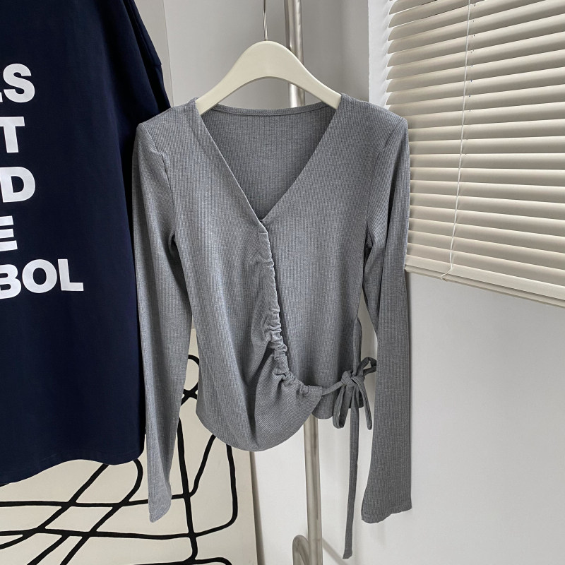 6129# 质感螺纹气质V领绑带设计显瘦上衣  有小垫肩  0.28KG,女装/女士精品,T恤,淘宝优惠券,粉丝福利购,淘宝优惠卷