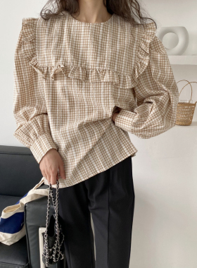 22002# LUUUKI 荷叶边宽松大版大领子海军领长袖格子衬衫  0.21KG