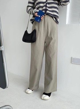 包邮！8527#简约韩系高腰设计精致纽扣气质款纯色直筒休闲裤 0.4