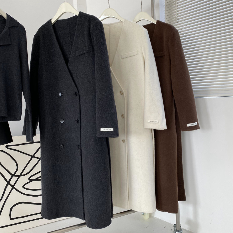 包邮！83033#有腰带~质感双排扣V领双面羊毛外套长款大衣 1.5KG