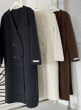 包邮！83033#有腰带~质感双排扣V领双面羊毛外套长款大衣 1.5KG