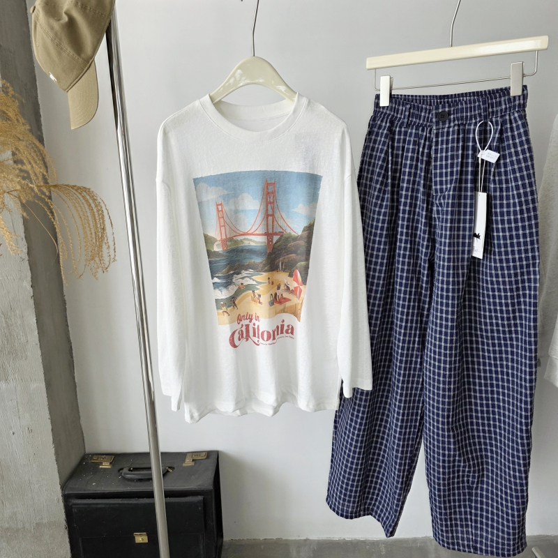 纯棉圆领印花宽松防晒罩衫薄款长袖T恤叠穿上衣