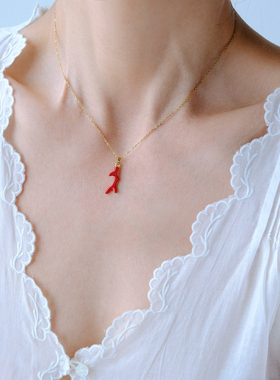 度假风~滴油海洋仿珊红色树枝吊坠钛钢镀金锁骨链项链颈链