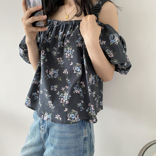 包邮！2379#夏季小清新纯棉薄款甜美碎花方领吊带上衣  0.15KG