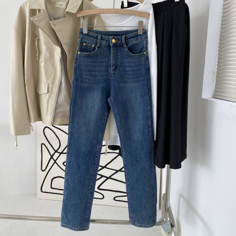 蓝色弹力加绒女直筒牛仔裤烟管裤