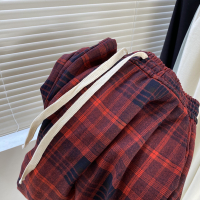 抽绳设计高腰格子口袋休闲裤