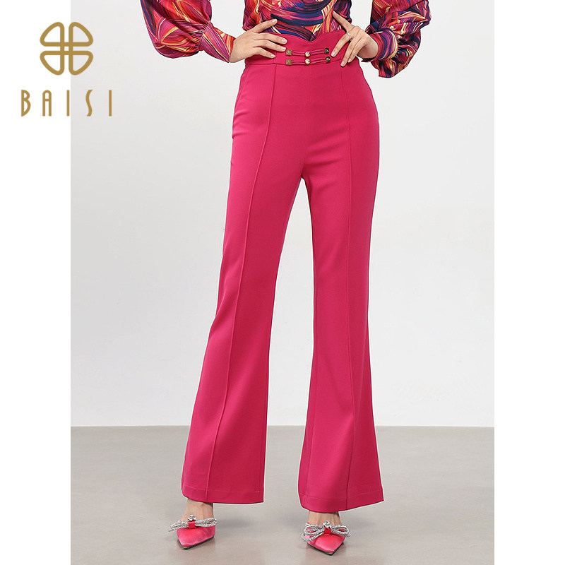 百丝时髦洋气玫红色修身西裤2025春季新品复古纽扣微喇叭长裤女