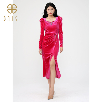 百丝丝绒气质连衣裙2024冬季新品收腰褶皱晚宴长袖中长裙女