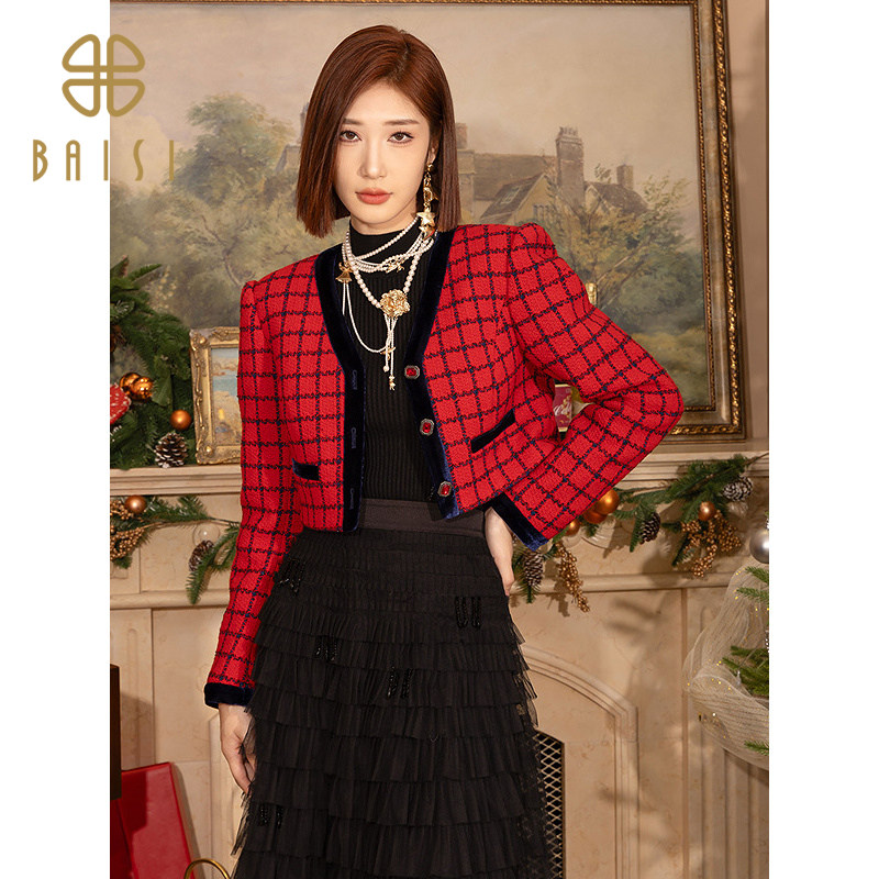 2026春季新品百丝新年小香风上衣V领格子复古气质短款长袖外套女,女装/女士精品,短外套,淘宝优惠券,粉丝福利购,淘宝优惠卷