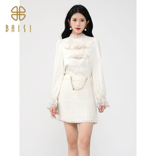 百丝新中式国风长袖衬衣2024秋季新品气质小众蕾丝花边女