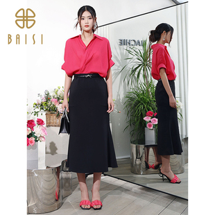 玫红衬衫 百丝法式 设计感通勤黑色包臀假两件连衣裙女 新品 2026春季