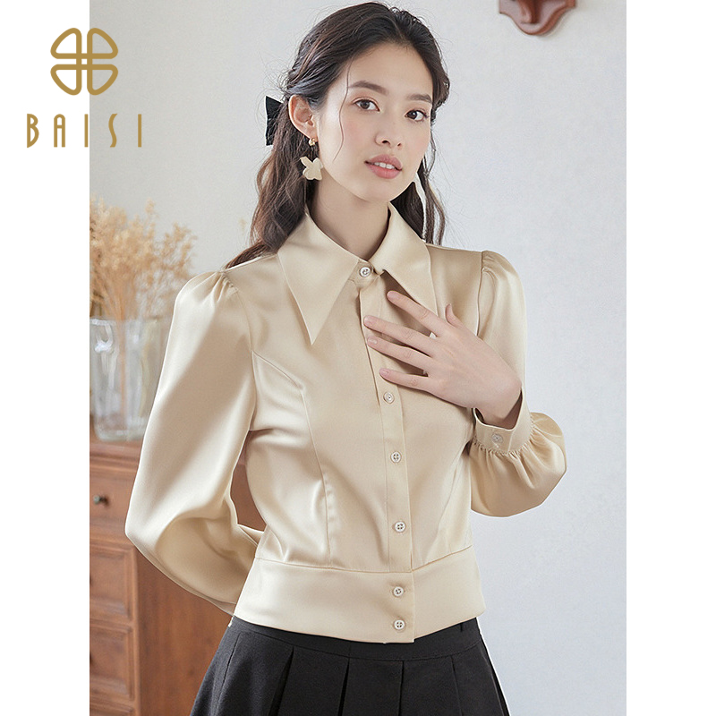 2025夏季新品百丝时尚洋气日常通勤穿搭上衣收腰短款长袖衬衫女