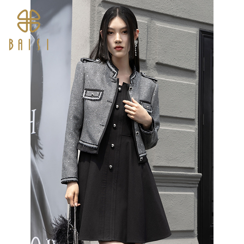 2025秋季新品百丝流行外套闪耀酷炫时髦修身正肩短款长袖上衣女