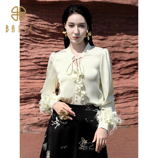 2025冬季新品百丝休闲上衣浅黄领带别致轻熟风气质花边长袖衬衫女