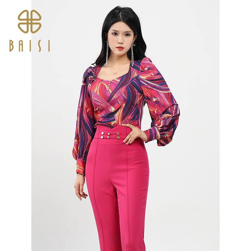 百丝美式复古修身长袖衬衣2025春季新品时尚抽象涂鸦方领上衣女
