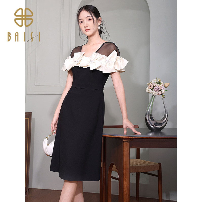 2026夏季新品百丝赫本风撞色网纱拼接连衣裙法式一字肩小黑裙女