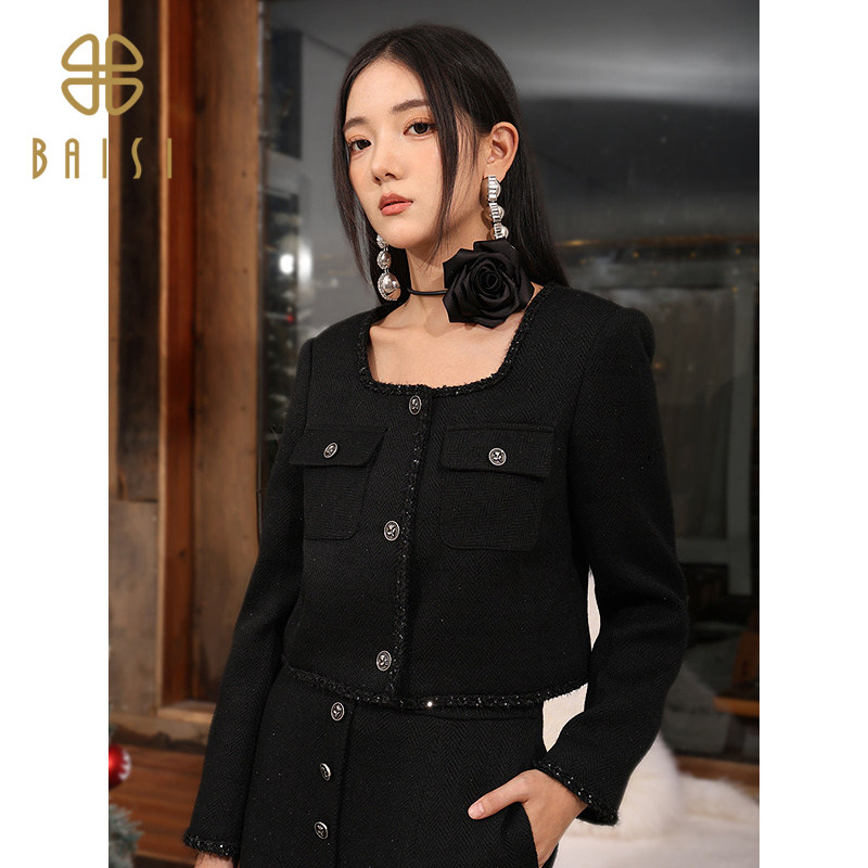 2025冬季新品百丝方领小香风外套显瘦时髦百搭黑色短款长袖上衣女,女装/女士精品,短外套,淘宝优惠券,粉丝福利购,淘宝优惠卷