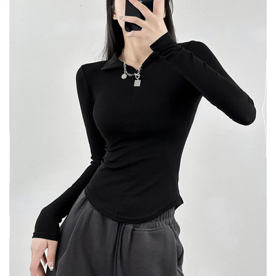 长袖t恤女新款春秋季修身显瘦黑色辣妹polo领上衣薄款打底衫
