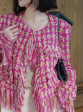 sibleu法式小众设计少女流苏边慵懒气质格子圆领小香风外套