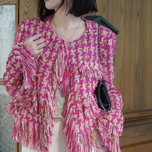 sibleu法式 小众设计少女流苏边慵懒气质格子圆领小香风外套