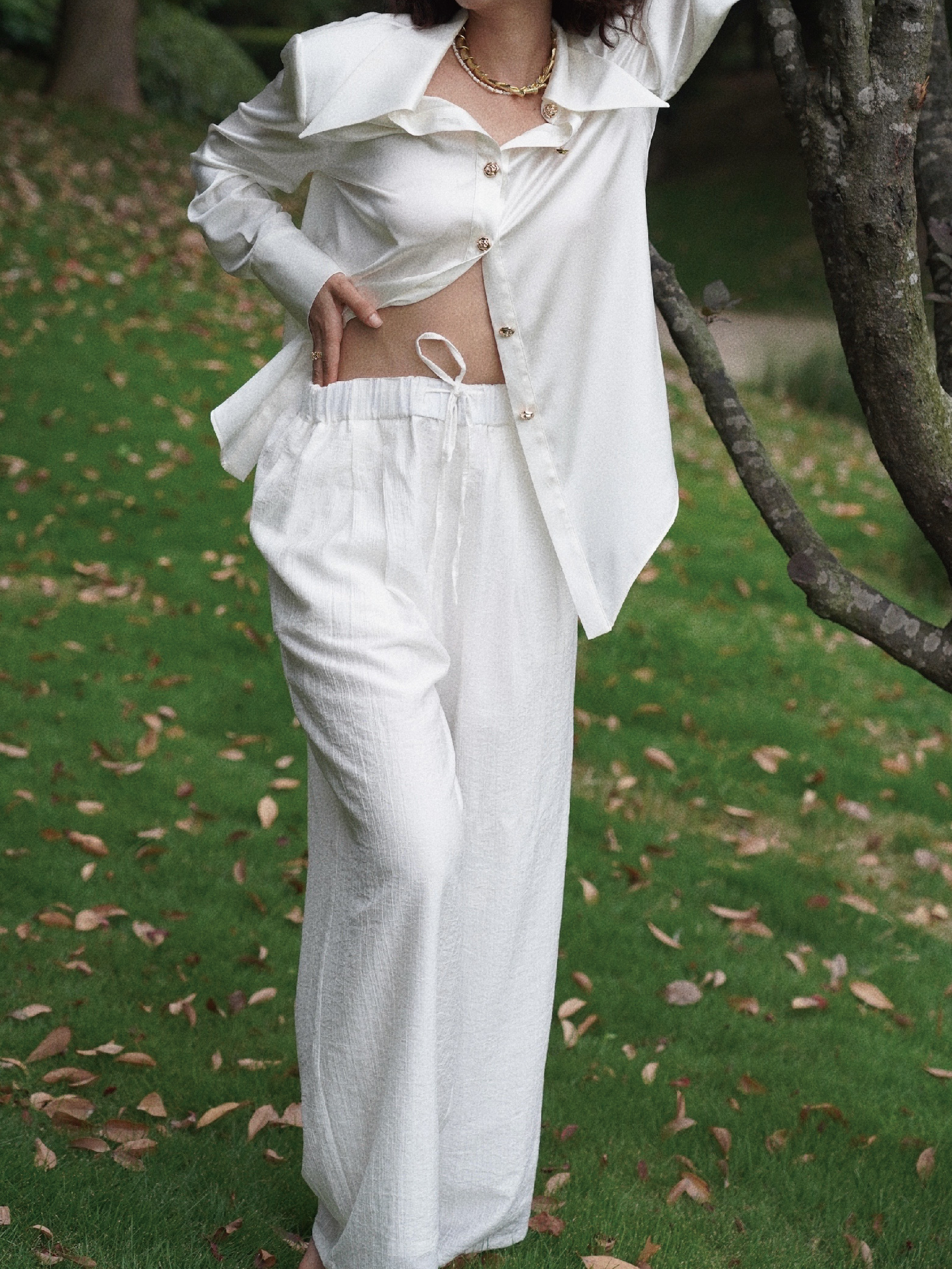 高腰法式通勤长裤系带