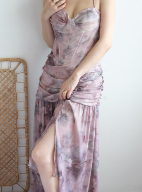 sibleu法式原创设计网纱晕染烟熏玫瑰紫鱼骨飘逸仙气优雅连衣裙