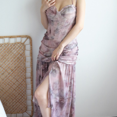 sibleu法式原创设计网纱晕染烟熏玫瑰紫鱼骨飘逸仙气优雅连衣裙