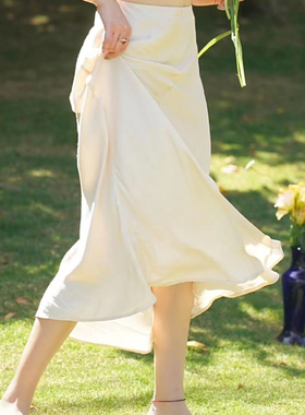 sibleu法式小众原创设计百搭纯色前开叉一步半身裙夏季