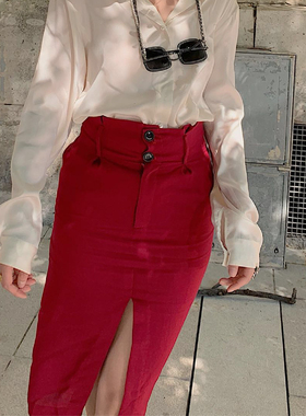 sibleu法式复古高腰开叉半身裙