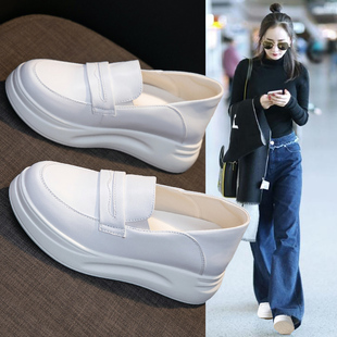 小白鞋单鞋鞋子女2026新款女鞋女款春季厚底一脚蹬百搭真皮透气女