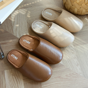 冬季高级感皮面棉拖鞋女软底静音爬爬垫木地板防滑情侣家居室内男