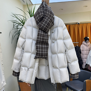 95%白鸭绒韩版宽松中长款加厚圆领格子围巾羽绒服女冬季时尚外套