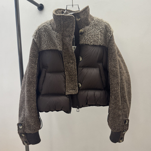 90鸭绒立领拼接毛短款羽绒服女2025冬季新款时尚高级感小个子外套