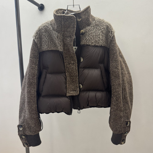 90鸭绒立领拼接毛短款羽绒服女