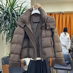 2025冬新款连帽加厚短款羽绒服女小个子羊羔毛拼皮宽松面包服外套