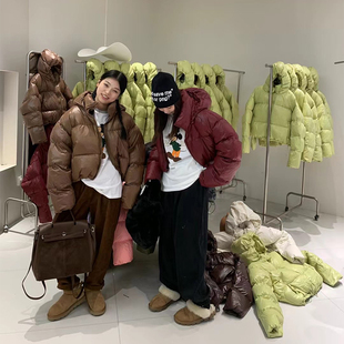 咖色羽绒服女韩国秋冬新款短款立领宽松加厚保暖白鸭绒面包服外套