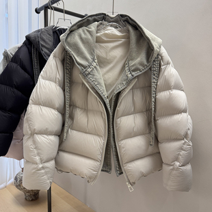 牛仔拼接连帽加厚短款羽绒服女2025秋冬新90白鸭绒时尚面包服外套