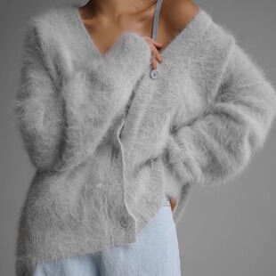 sweater欧美宽松开衫 cardigan neck 针织毛衣V领外套 Women