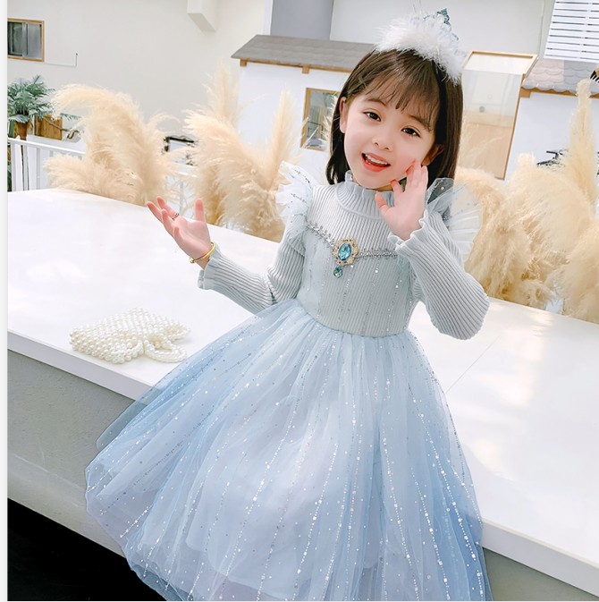 冰雪奇缘爱莎公主裙20新款秋冬女童艾莎连衣裙小女孩针织儿童裙子
