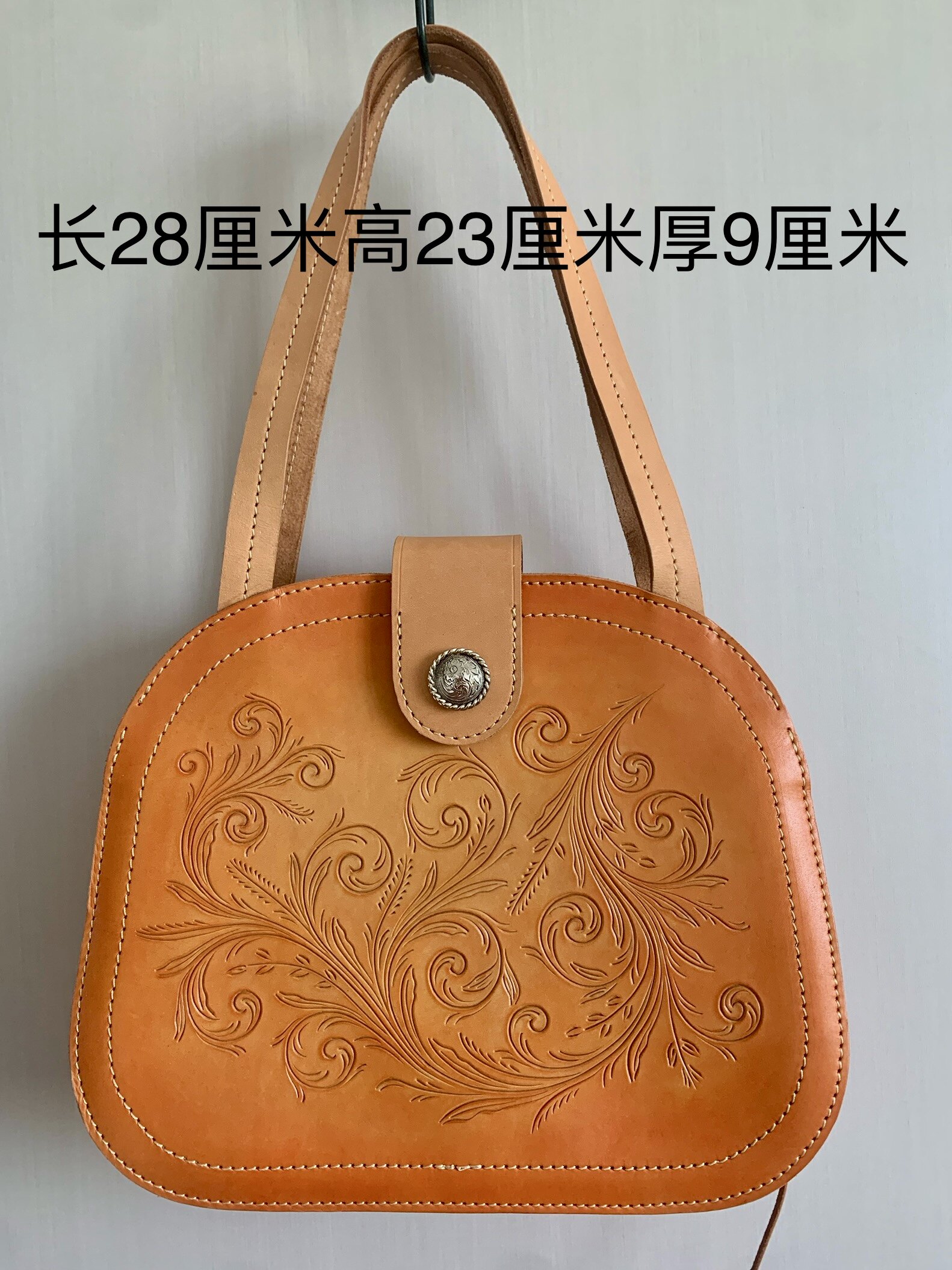 原创手工制作刻花复古做旧牛皮包手提包单间包头层牛皮