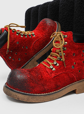 夏季新款复古马丁靴英伦风男女同款休闲百搭靴红色